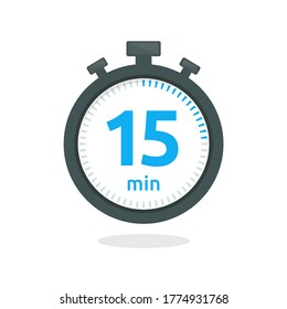 The 15 minutes, stopwatch vector icon. Stopwatch icon in flat style, 10 minutes timer on on color background. Vector stock illustration.