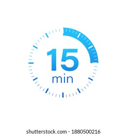 The 15 minutes, stopwatch vector icon. Stopwatch icon in flat style on a white background. Vector stock illustration.