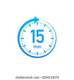 The 15 minutes, stopwatch vector icon. Stopwatch icon in flat style, timer on on color background. Vector illustration.