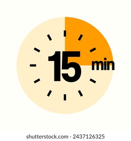 15 Minutes Timer Icon, Modern Sans Serif Design. Clock, Stopwatch,  Showing Fifteen Minutes Label Over Circle, Isolated Vector eps.