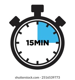 15 Minutes Timer Icon, Modern Flat Design. Clock, Stopwatch, Chronometer Showing Fifteen Minutes Label. Cooking time, Countdown Indication.