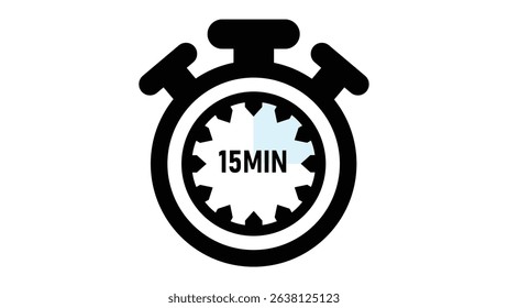 15 Minutes Timer Icon, Modern Flat Design. Clock, Stopwatch, Chronometer Showing Fifteen Minutes Label. Cooking time, Countdown Indication.
