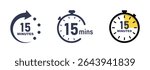 15 minutes timer, stopwatch or countdown vector icons set. 15 minutes time icon