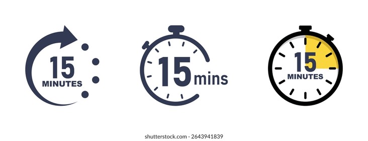 15 minutes timer, stopwatch or countdown vector icons set. 15 minutes time icon