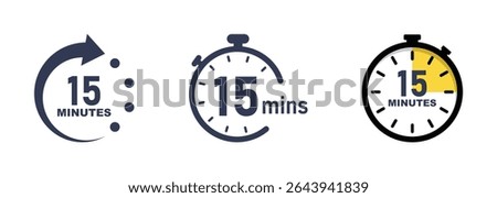 15 minutes timer, stopwatch or countdown vector icons set. 15 minutes time icon