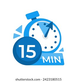 15 minutes timer. Stopwatch icon 15 min. Clock and watch limited cooking time. Vector illustration.