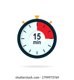 15 minutes timer. Stopwatch symbol in flat style. Isolated vector illustration.