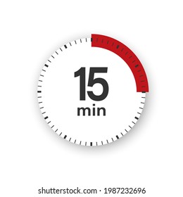 15 minutes timer. Stopwatch symbol in flat style. Isolated vector illustration.