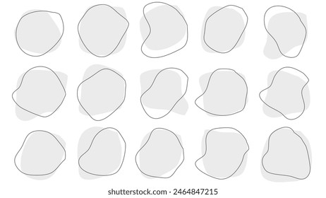 15 Modern gray and dark grey drop Shapes liquid irregular blob with black line abstract elements graphic flat style design fluid illustration set
