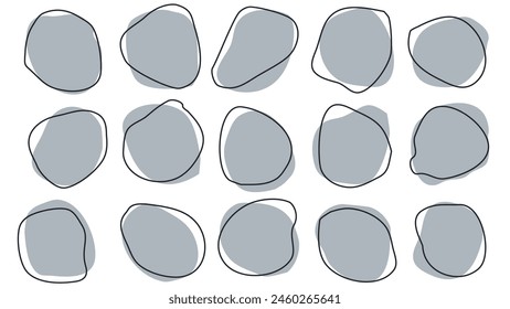 15 Modern Grey Asymetric Shapes liquid irregular blob with dark grey line abstract elements graphic flat style design fluid illustration set. Nice amoeba blobs, blotches, drops or stains bundle
