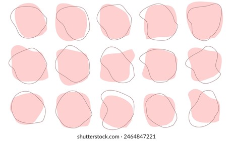 15 Modern pink violet drop Shapes liquid irregular blob with dark pink line abstract elements graphic flat style design fluid illustration set
