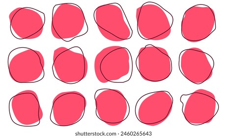 15 Modern Violet Asymetric Shapes liquid irregular blob with dark red line abstract elements graphic flat style design fluid illustration set. Nice amoeba blobs, blotches, drops or stains bundle
