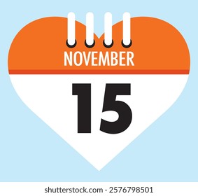 15 November calendar icon orange heart shape on light sky blue color background, calendar vector symbol for the month of November.