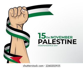 15 November. Vector illustration of Happy Independence Day greeting card for the country of Palestine with clenched fists and a flag ribbon. Use for banners on a white background.