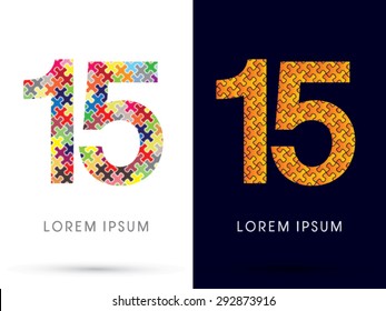 15 Number, Font, designed using Jigsaw puzzle pattern, graphic vector.