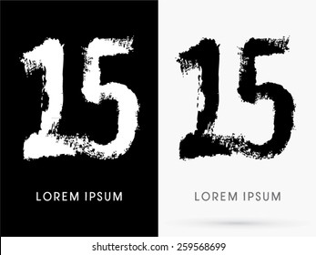 15 ,Number ,grunge brush freestyle font, designed using black and white handwriting line shape, logo, symbol, icon, graphic, vector.