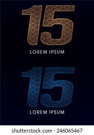 15 Number ,Luxury font ,designed using gold and blue line, concept shape from water, river, sea, ocean, fish scale, logo, symbol, icon, graphic, vector.