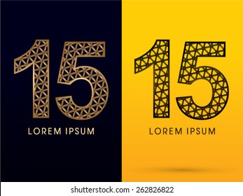 15 ,Number, Luxury font, designed using gold and black triangle geometric shape. on dark and yellow  background, sign ,logo, symbol, icon, graphic, vector.