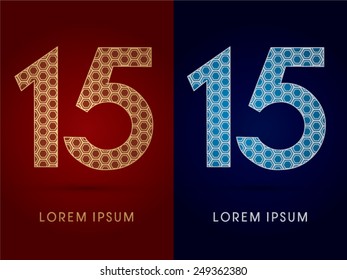 15 ,Number ,Luxury font,designed using gold and silver geometric on dark red and dark blue background,concept shape from screws,hexagon, honeycomb,jewelry,gems, logo, symbol icon,graphic,vector.