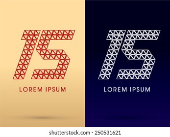 15 ,Number,Luxury font ,designed using red and silver triangle geometric shape on gold and dark blue background, concept shape from, jewelry, diamond ,gems ,logo, symbol, icon, graphic, vector.