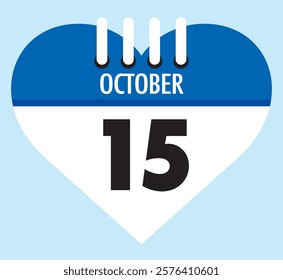 15 October calendar icon blue heart shape on light sky blue color background, calendar vector symbol for the month of October.