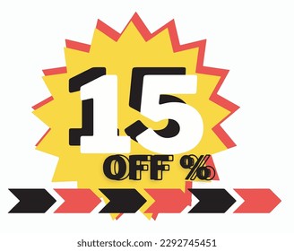 15% off. Banner with fifteen percent discount on a red and yellow ballow and arrows black and white.