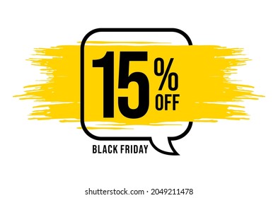 15% off. Banner with 15 percent off on a black balloon with yellow detail for promotions and offers. Discount conceptual banner for big sales.