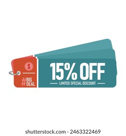 15% Off Big Deal limited special discount. A fifteen percent discount blue sticker label with the shape of a colour pallete with a red detail.