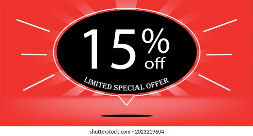 15% de globo negro y rojo, para oferta especial limitada, banner rojo para ofertas especiales de promociones