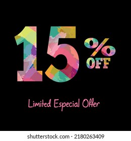 15% off. black banner with fifteen percent discount on a black background with colorful letters for mega big sales