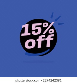 15% off. Black banner with special sale fifteen percent off black speech bubble and blue background.