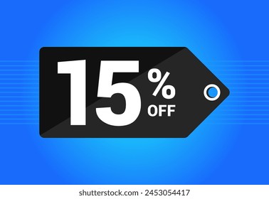 15% off. Black and blue tag with Fifteen Percent discount. Shopping concept vector. Vector illustration.