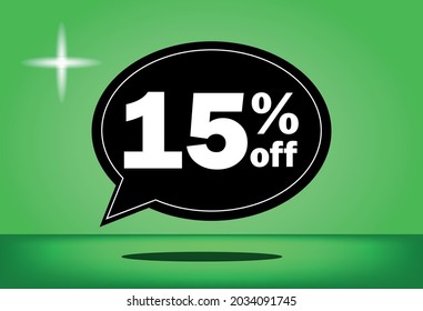 15% off - black and green floating balloon - with green background - banner for discount and reduction promotional offers