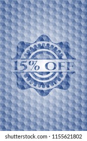 15% off blue badge with geometric pattern.