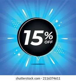 15% off. Blue banner with fifteen percent discount on a black balloon for mega big sales.