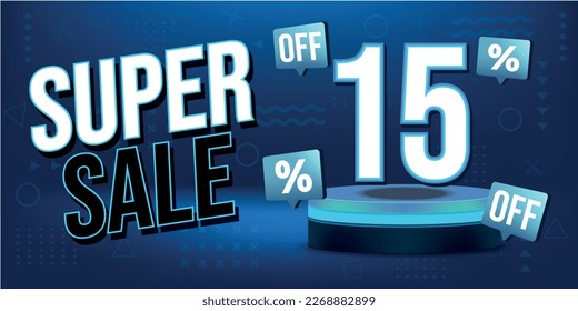 15% off. Blue banner with fifteen percent off on a blue podium for super mega big sales.