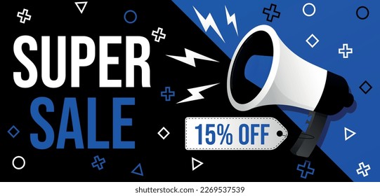 15% off. Blue banner with fifteen percent off on a white tag for super mega big sales.