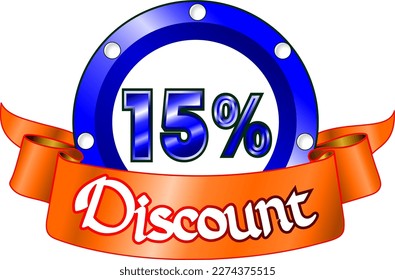 15% off, blue disk and orange ribbon, vector illustration for wholesale and retail, illustrative art, beautiful illustration, vector. God is good!