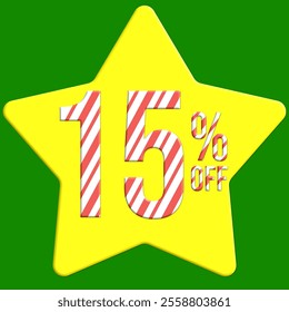 15% off Christmas candy cane effect, with yellow star and green background