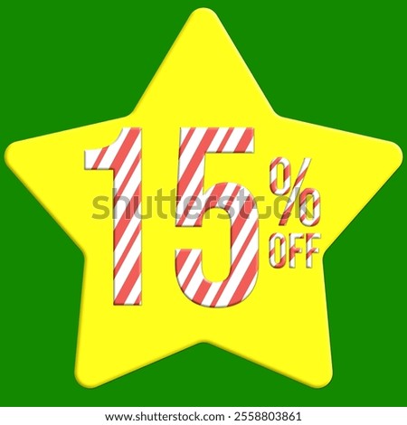 15% off Christmas candy cane effect, with yellow star and green background