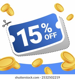 15% off coupon with a bold blue design, surrounded by floating gold coins on a white and blue background.