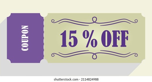 15% off coupon vector. Fifteen percent discount coupon. Purple and beige colors.  Perforated coupon. Drop shadow.