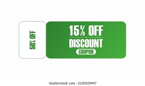 15% off coupon vector. Fifteen percent discount coupon. Green and white gradient colors.  Perforated coupon. White background.