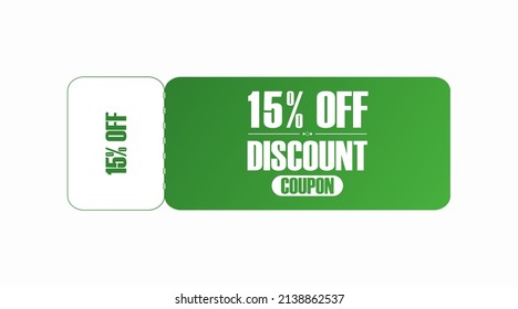 15% off coupon vector. Fifteen percent discount coupon. Green and white gradient colors.  Perforated coupon. White background.