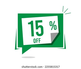 15% off discount banner. Promotional vector with fifteen percent, green balloon concept on white background for special offer