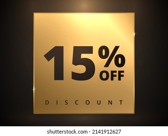 15 off discount banner. Special offer sale 15 percent off. Sale discount offer. Luxury promotion banner fifteen percent discount in golden square and black background. Vector illustration