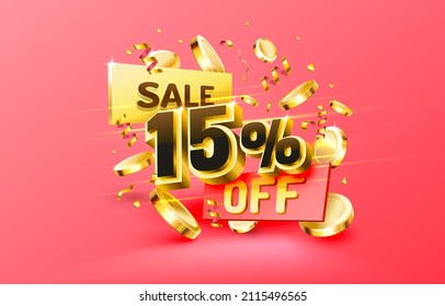 15 Off. Discount creative composition. 3d sale symbol with decorative objects, golden confetti, podium and gift box. Sale banner and poster. Vector illustration.