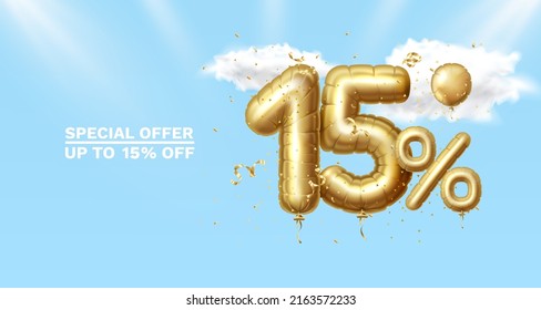 15 Off. Discount creative composition. 3d Golden sale symbol with decorative objects, golden confetti. Sale banner and poster. Vector illustration.