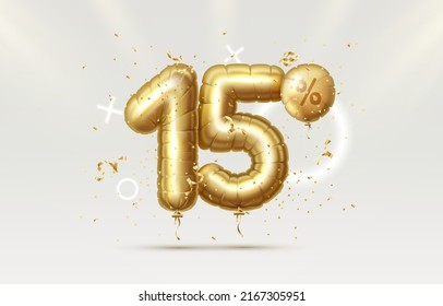 15 Off. Discount creative composition. 3d Golden sale symbol with decorative objects, heart shaped balloons, golden confetti. Sale banner and poster. Vector illustration.