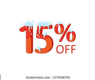 15% off. A discount of fifteen  percent. Numbers  in the snow. Winter sale, Christmas sale, holiday sale. Flat vector illustration